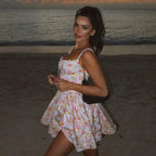 Flower Printed Open Back A - line Corset Mini Dress