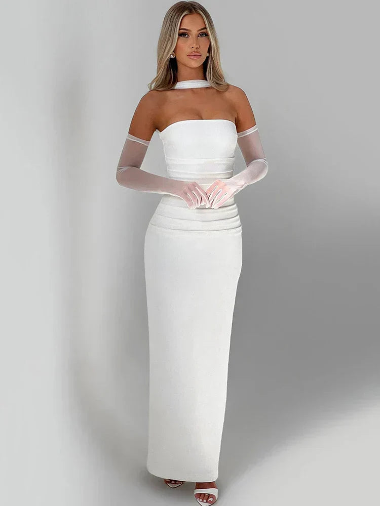 Scarf Collar Strapless Off - shoulder Long Dress