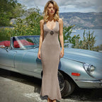 Floral Knit Hollow Out Lace - Up Maxi Dress