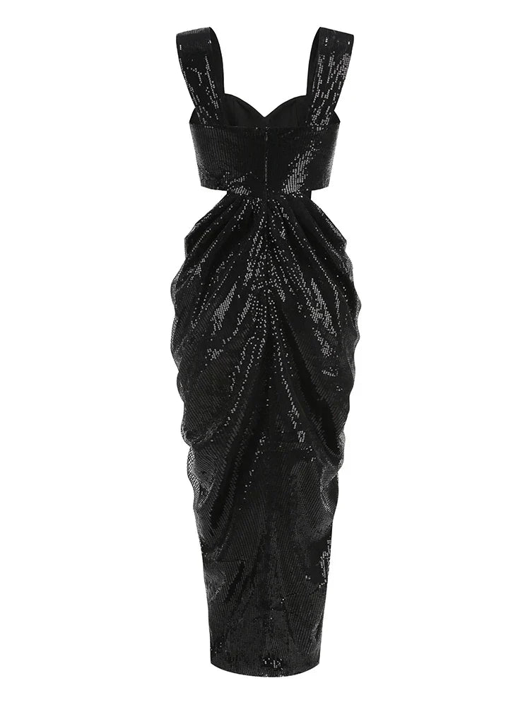 3D Flower Shiny Sequins Folds Long Dress