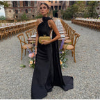 Solid Ribbon Halter Off Shoulder Silk Dress