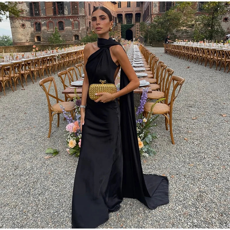 Solid Ribbon Halter Off Shoulder Silk Dress