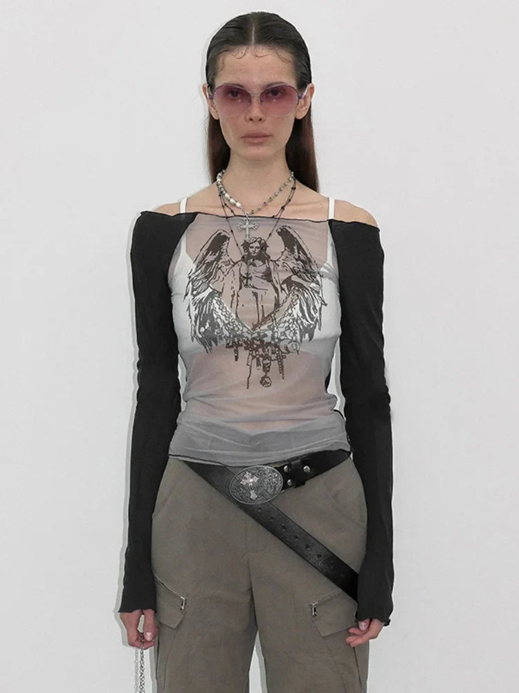 Knitted Mesh Character Print Sheer Top