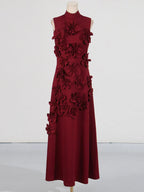 3D Flower Appliqué Mock Neck Midi Dress