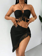 Tassels Halter High Slit Skirt Two Piece Swim Sets