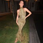 Halter Leopard Embellished Long Dress