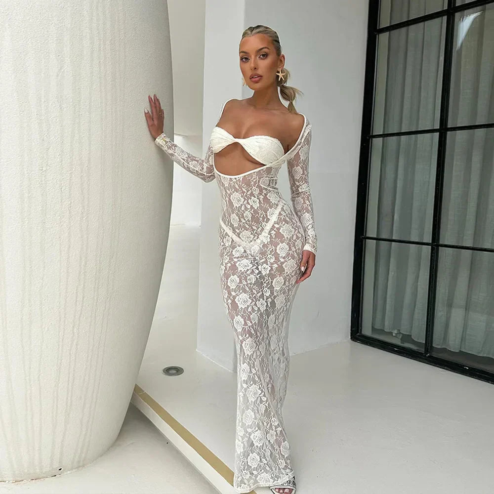 Perspective Lace Hollow Out Bodycon Maxi Dress
