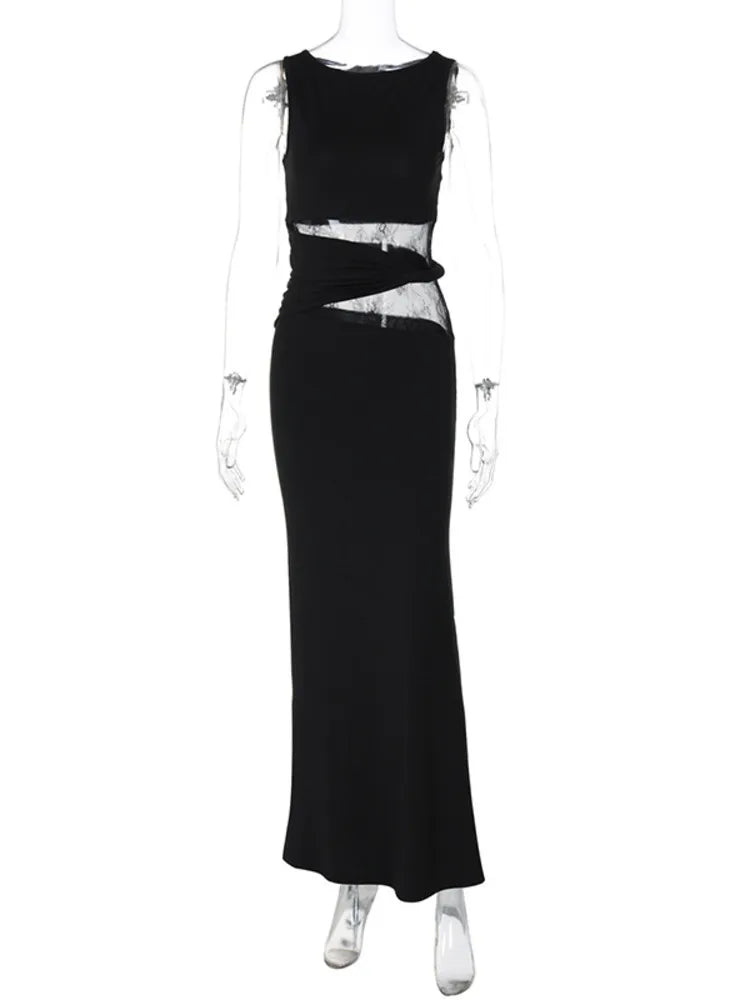 Sheer Lace O Neck Bodycon Long Tank Dress