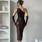 Off - Shoulder Strapless Faux Leather Patchwork Dress