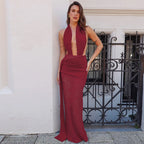 Halter Deep V Neck Lace Sleeveless Long Dress