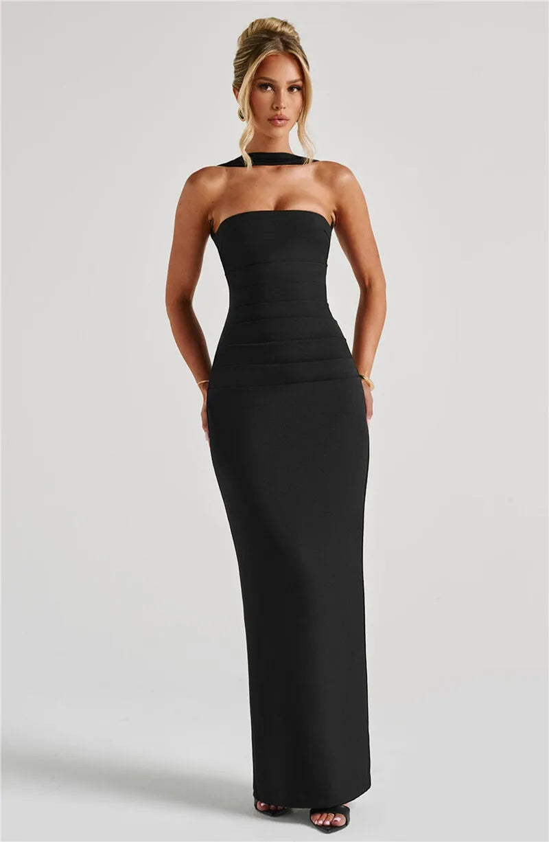 Scarf Collar Strapless Off - shoulder Long Dress