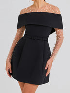 Belt Patchwork Short Sleeve Off The Shoulder Dress