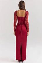 Square Collar Lace - Up Backless Long Sleeve Maxi Dress
