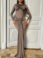 Long Sleeve Pleated Draped Maxi Dress