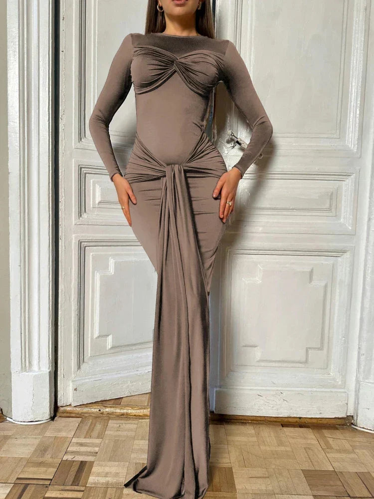 Long Sleeve Pleated Draped Maxi Dress