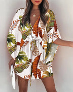 Casual Flora Print Batwing Sleeve LaceUp Dress