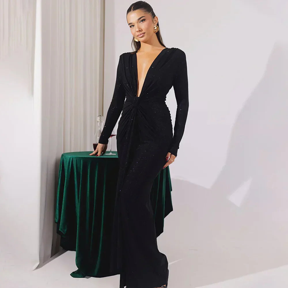 Elastic Deep V - Fold Lace Maxi Dress