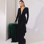 Elastic Deep V - Fold Lace Maxi Dress