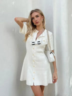 Knitted Dress for Women Streetwear Vintage Fashion Dresses Solid Slim Button Short Sleeve Mini Spring Summer Dress