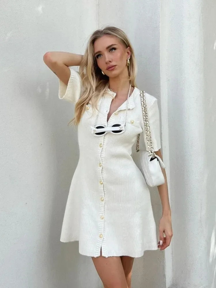 Knitted Dress for Women Streetwear Vintage Fashion Dresses Solid Slim Button Short Sleeve Mini Spring Summer Dress