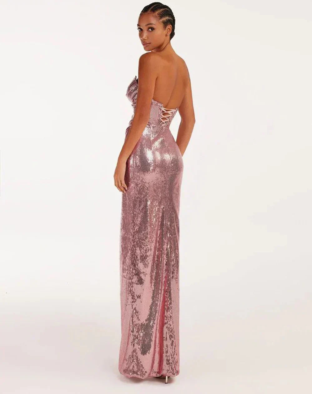 Sequined Strapless Slit Lace Up Ankle Length Dress