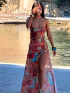 Hollow Laceup Split Floral Dress