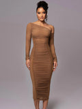 Diagonal Collar Draped Mesh Maxi Dress