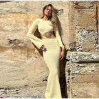 Knitted Hollow Out Solid O - neck Slit Maxi Dress