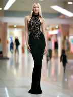 Halter Neck Lace Patchwork Black Maxi Dress