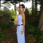 Sheer Lace Sash Halter Neck Ruffle Hem Dress