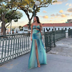 Printed Strapless Hollow Out Side Slit Long Dress