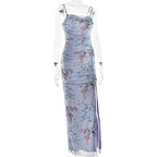 Floral Print Mesh Zipper Spaghetti Strap Long Dress