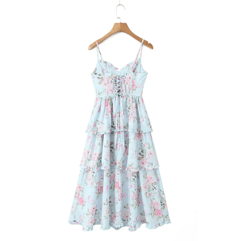 Print Cross Lacing up Back Slit Midi Dress