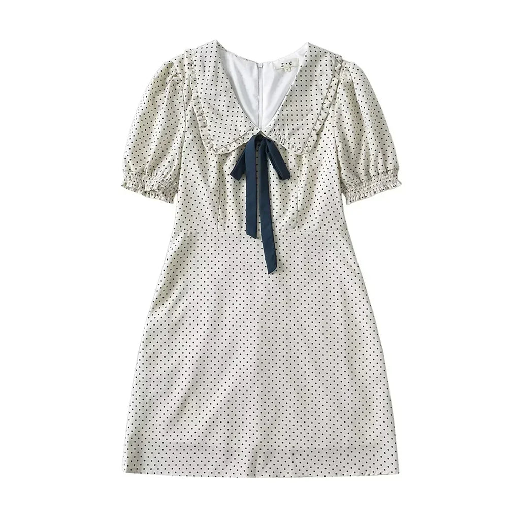 Short Puff Sleeve Bow Detail Dots Print Mini Dress