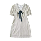 Short Puff Sleeve Bow Detail Dots Print Mini Dress