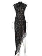 Mesh Lace Ruffled Black Hollow Out Long Dress