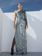 One Shoulder 3D Flower Sequin Dress