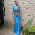 Deep V Cut Out Slit Asymmetrical Long Dress