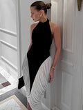 Patchwork Halter Backless Midi Dress