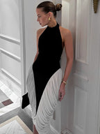 Patchwork Halter Backless Midi Dress