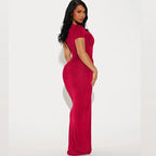 Solid Short Sleeve Ruched Maxi Dress