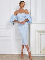 Flower Print Sky Blue VNeck Bodycon Lace Dress