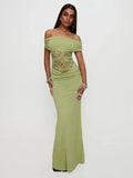 Off - shoulder Strapless Green Lace Sheer Long Dress