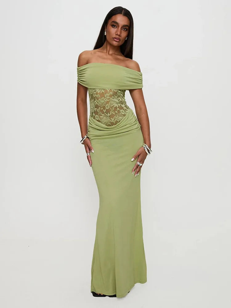 Off - shoulder Strapless Green Lace Sheer Long Dress