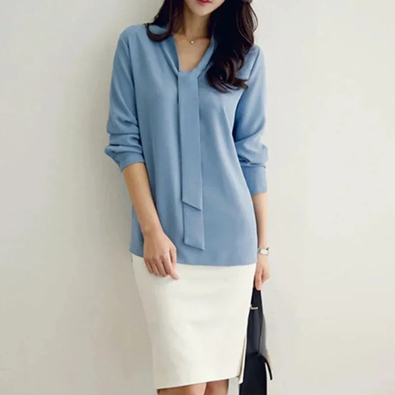 Casual Long Sleeve Bow Tie Fashion Vneck Chiffon Blouse