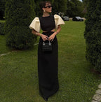 Patchwork Puff Sleeve Hollow Out Long Dress
