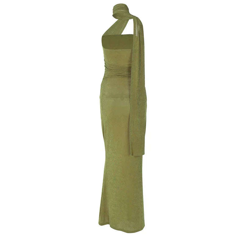 Halter Green Off - shoulder Backless Long Dress