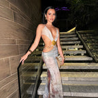 Backless Split Abstract Printed Mesh Sheer Dress