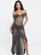 Mesh Ruffled Gray Off - shoulder Long Dress