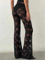 Gothic Sheer Lace High Waist Flared Streetwear Aesthetic Black Summer Pants
